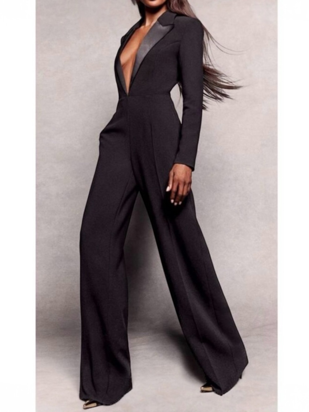 NWT PrettyLittleThing x Naomi Campbell Black Tailored Satin Lapel Jumpsuit